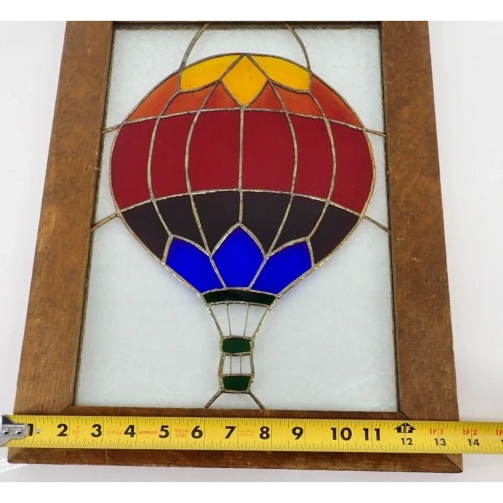 Rainbow Hot Air Balloon Stained Glass Wood Framed Window Panel 13